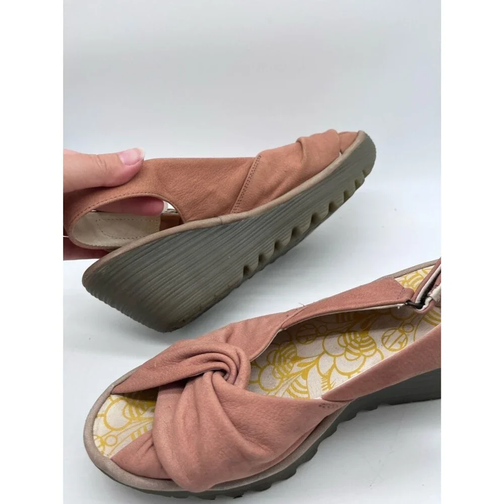 FLY LONDON Yata Pink Nubuck Suede Wedge Sling Back Peep Toe Sandals size 40